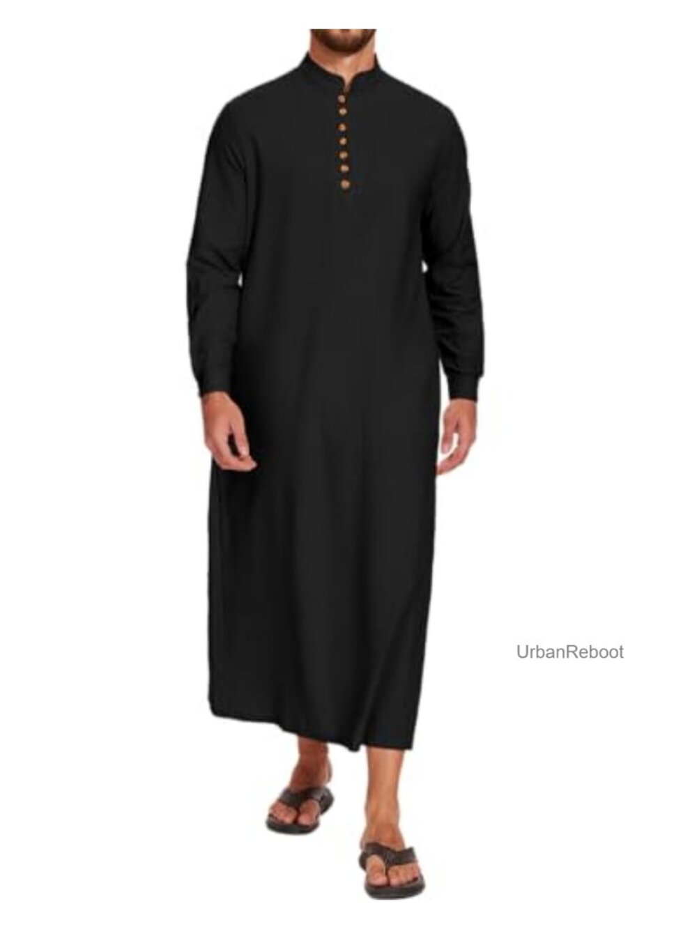 Men's Cotton Linen Kaftan Thobe Muslim Long Gown with Pockets